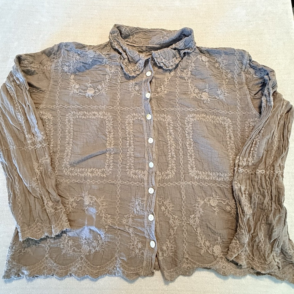 Womens Boho Embroidered Blouse Button Front Lagenlook Crinkle Scalloped Hem